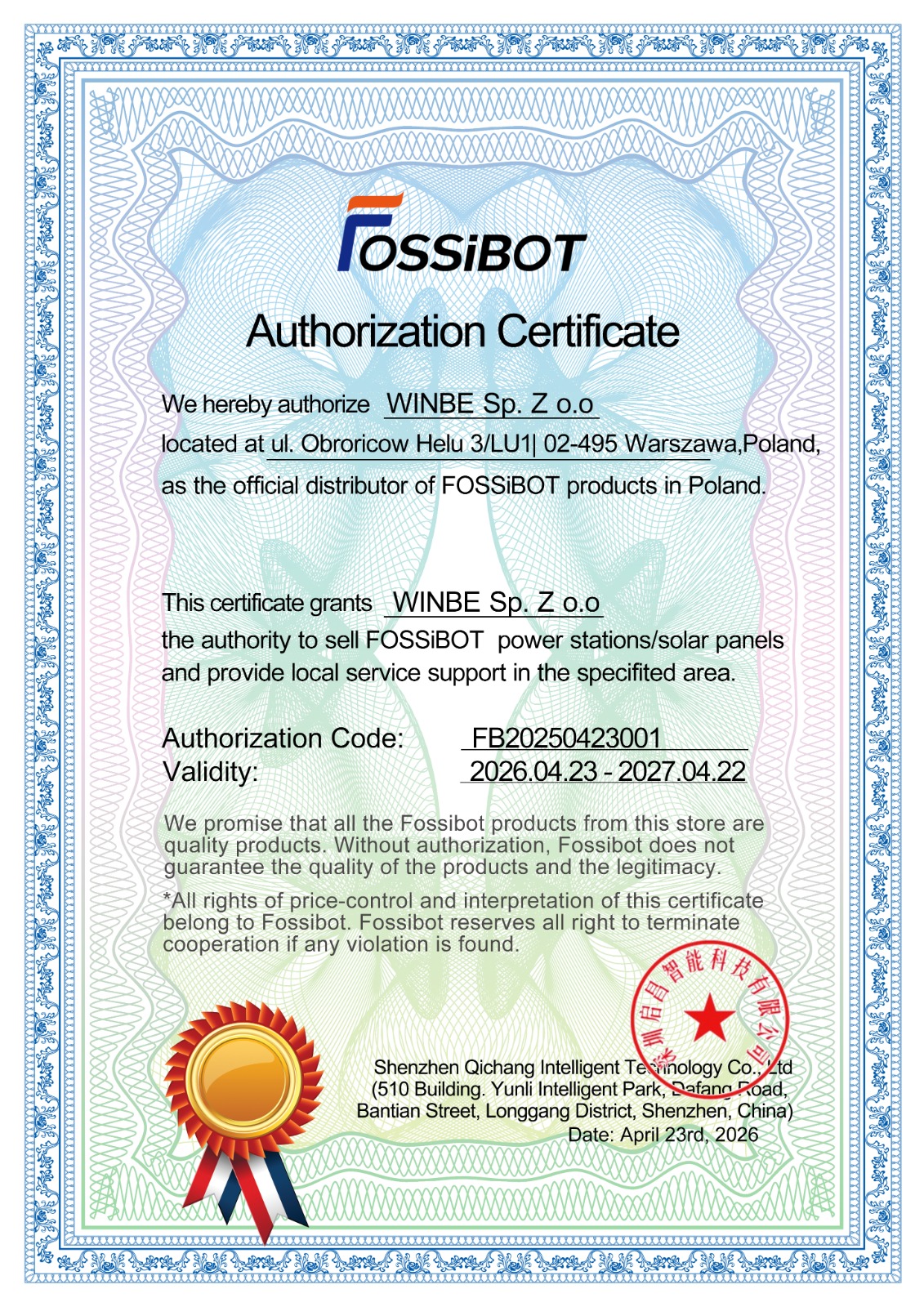 Certyfikat Fossibot